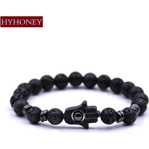 HYHONEY Micro Pave CZ Palm Jewelry Charm Bracelet Men Black Lava Natural Stone Beads Bracelets & Bangles pulseras
