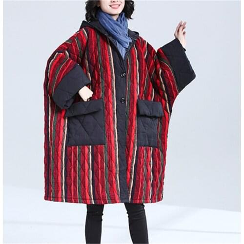Mid-Length Cotton-Padded Jacket Women 2020 Winter New Style Literature And Art Large Size Thick Warmth Hooded Striped Coat Tredy
