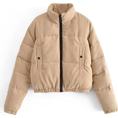 Ailegogo Winter Jacket Streetwear Female Zipper Thick Warm Corduroy Short Parkas Stand Collar Women Cotton Coat Snow Outwear