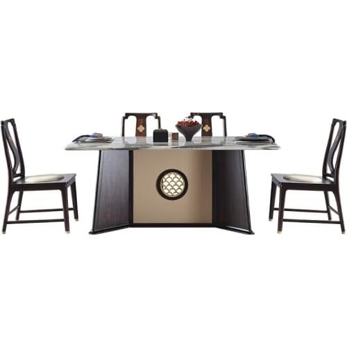 New Chinese natural marble solid wood dining table light luxury black gold wood rectangular dining table chair combination