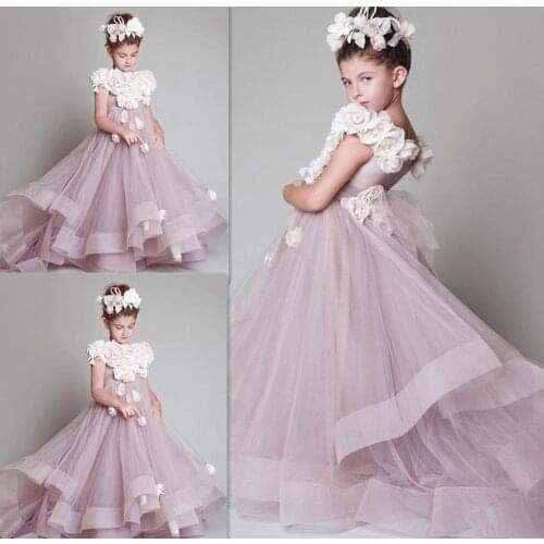 3 D Flower Applique Flower Girls Dresses Ruched Tiered Puffy Girl Dresses for Wedding Party Gowns Plus Size Pageant Dresses