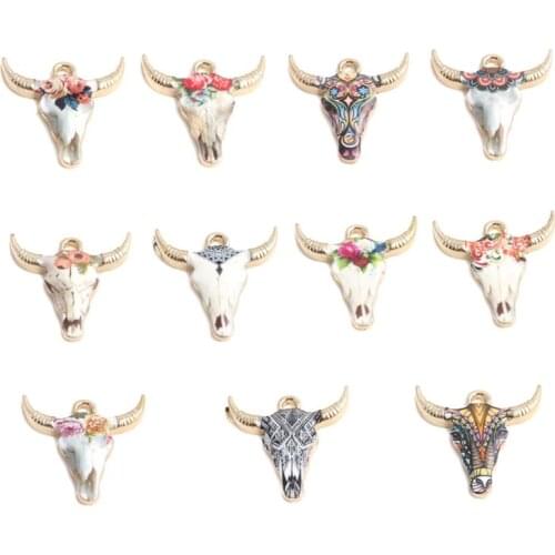 Doreen Box 10 PCs Cow Animal Charms Pendants Gold Color Multicolor Flower Enamel Pendant For DIY Jewelry Making 22mmx21mm