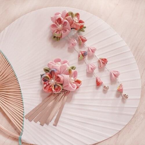 Handmade Crepe Hanfu Hairpin Cosplay Accessories Headdress Kanzashi Sakura Tassel Tsumami Zaiku Ancient Kimono Yukata Hair Clip