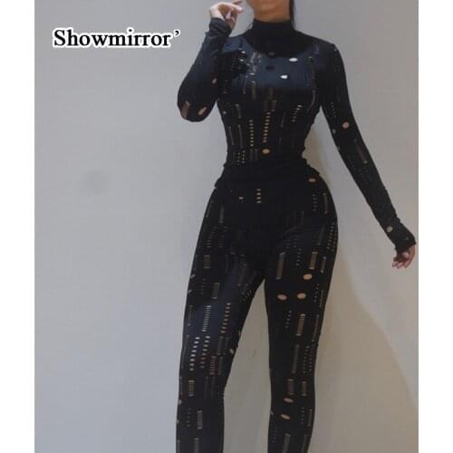 Showmirror Biker Clothing Sets Women Tracksuit Pant Suits Autumn Hollow Out Long Sleeve Turtleneck Top Sheath Sporty Outfit Set