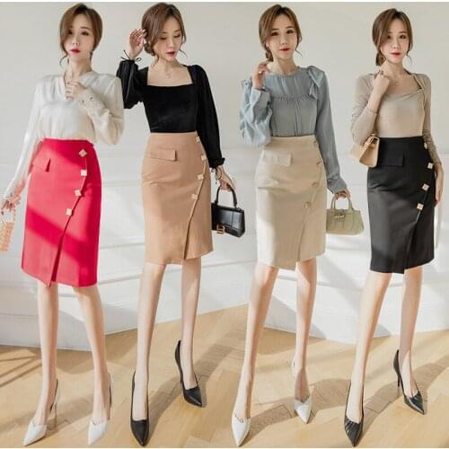 Solid Color Midi Skirts for Women Young Metal Buttons Fashion Retro Elegant Asymmetric High Waist Fishtail Skirt BSQ336
