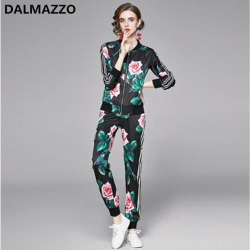 2020 Newest Autumn Fashion Print Womens Pants Suit Stand Collar Zippers Jacket Coat + Full Length 2 Piece Sets Plus Size Female