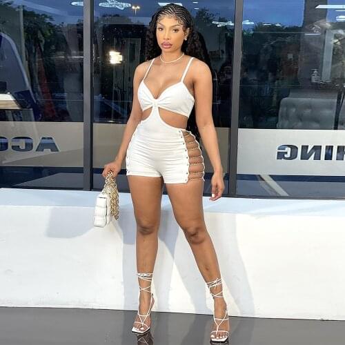 Lace Up Chain Patchwork Skinny Short Playsuit Women Sexy Spaghetti Strap Hollow Out Biker Outfit Summer Backless Party Overall