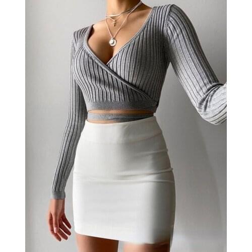 2021 Autumn Fashion Shirt Long Sleeves Knitted Top Solid Color Top Women Full Sleeve Top Cross Neck Sexy Tops Type Sleeve Style