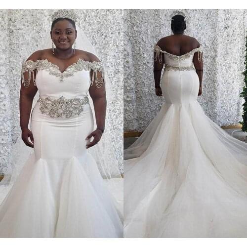 Plus Size Crystal Mermaid Wedding Dresses Off Shoulder Sweep Train Beads Tassel African Garden Country Bridal Gowns vestidos de