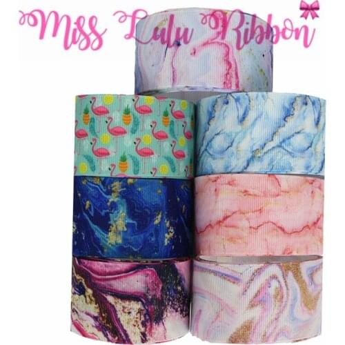 16mm-75mm Marble Series Pink Flamingo Printed Grosgrain/Foe Ribbon Spring DIY Hair Bowknots 50yards/roll