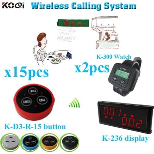 Wireless Call Bell System Restaurant with monitor pager transmitter (1 display receiver+ 2 watch +15 table bell button)