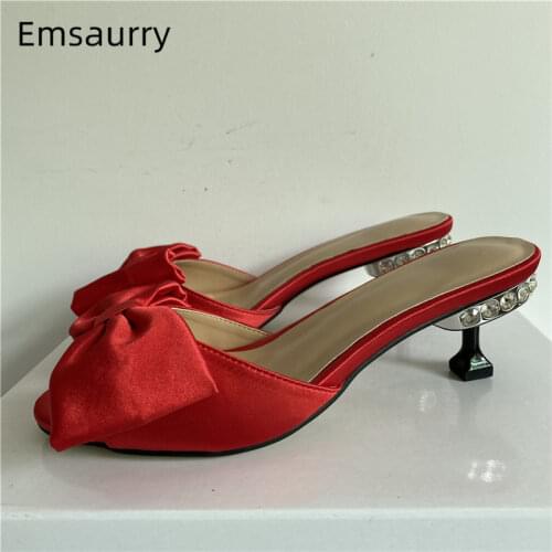 Sweet Sequins Butterfly-knot Sandals Women Sexy Open Toe Jeweled Goblet Heel Luxury Satin Bowknot Mules Lady Summer