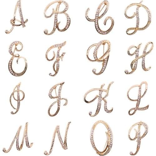 MOGAKU Classic 26 Initial Letters Brooches for Men Gold Color Rhinestone Lapel Pins Women Fashion Crystal Coats Pin Ornament