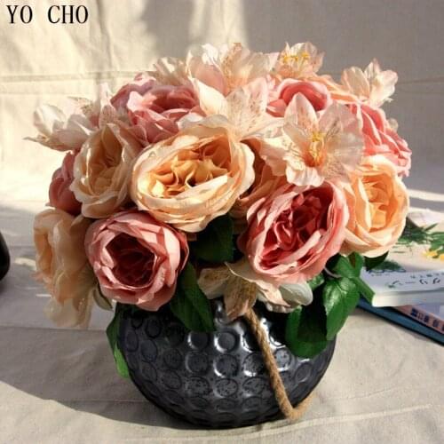 YO CHO Lily Flower Bouquets Artificial Wedding Bridal Bouquet Peony Flowers Home Party Garden Decoration Photography Props Roses