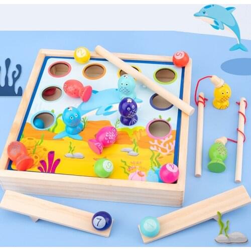 Children Montessori Wooden Puzzle Early Education Billiard Fishing Game Fun Fishing Pinball Magnetic Fishing Toys Kids Gifts