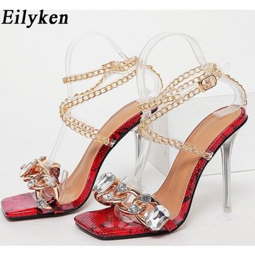Eilyken Elegant Big Crystal Decoration High Heels Sandals Women Fashion Chain Ankle Strap Rome Sandals 2021 Summer Party Shoes