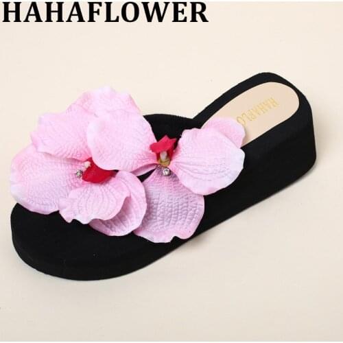 HAHAFLOWER Pink orchid wedge slippers Eva summer holiday beach slippers women comfortable size 35-41