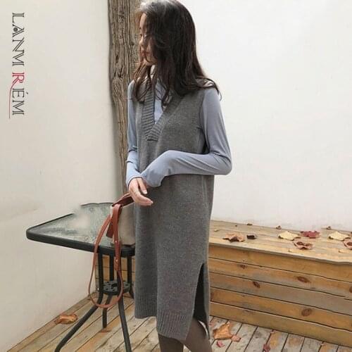 LANMREM Womens Loose V-neck Knitted Long Sweater Vest Sleeveless Casual Side Split All Match Pullover 2021 Autumn New 2D6118