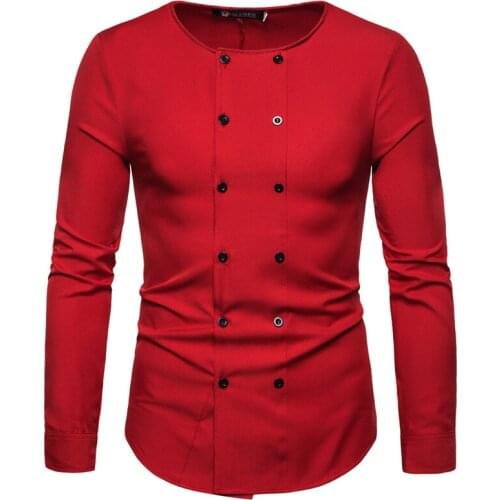 Fall 2021 New Mens Casual Round Neck Double-breasted Slim Long-sleeved Blouse, Solid Color Mens Shirt, White Shirt