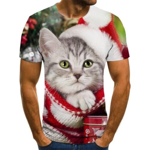 New stylish mens and womens jacket T-shirt 3d printed Christmas style funny cat short sleeve digital printed T-shirt plus size