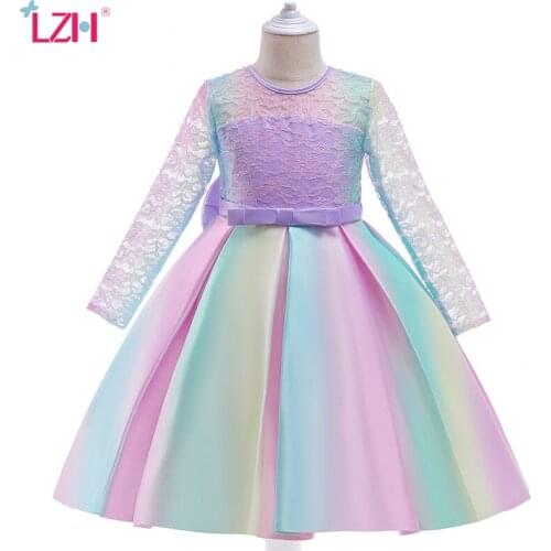 LZH 2021 Long Sleeve Princess Dress For Girls Clothes Prom Dress For Children Gradient Kids Clothing 4-10Y Kids Formal Dresses