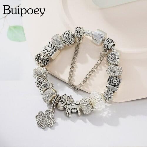 Buipoey Silver Plated Cat Dog Animal Charm Bracelet With Fish Dangle Pendant DIY Bracelets For Women Girl Jewelry