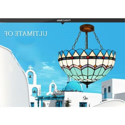 Tiffany Mediterranean Style Blue Ceiling Light Stained Glass E27 110-240v Led Chain Hanging Lights Luminarias Dinging Room