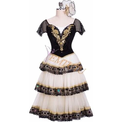 Adult Professional Ballet long Tutu Black Cream Spanish Paquita Tutu Skirt Don Quixote Kitri Ballet Stage Performance Costume