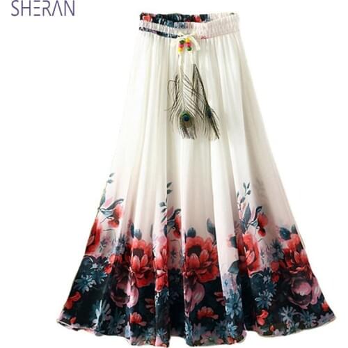 SHERAN Chiffon Women Skirt 90CM Long Bohemian Elegant Print Ladies Casual Summer Skirt Saia Beach Woman Vintage Fashion Clothing