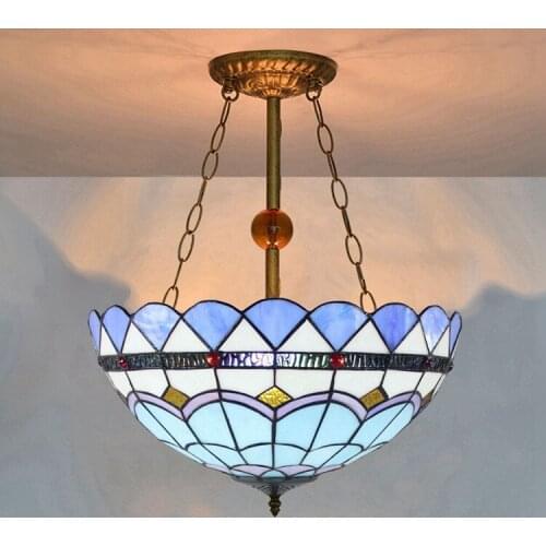 Modern Blue Mediterranean Creative Tiffany Colored Glass Living Room Dining Room Bedroom Art Hanging Light 40cm