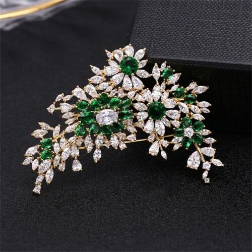 Vintage Flower Cubic Zirconia Brooches Luxury Green Zircon Wedding Floral Bouquet Brooch Pins Dress Jewelry Accessories Gift