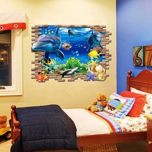 Waterproof 3D Wall Stickers Underwater Ocean World For Kids Room Bedroom Decals Wallpaper PVC Removable Cartoon Mural Home Decor