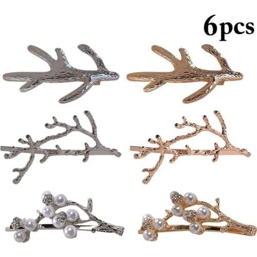 Coxeer 6Pcs/Set Alloy Hair Clips Antler Fake Pearl Decor Fashion Metal Hairpin Barrette Pin For Women Girls Hair Accessories