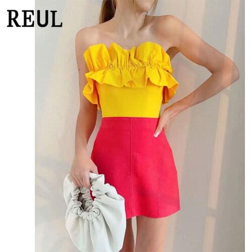 REUL Za 2021 Women Fashion Yellow Solid Bodysuits Vintage Sleeveless Purple Sexy Beach Wear Female Swimsuits Chic Tops