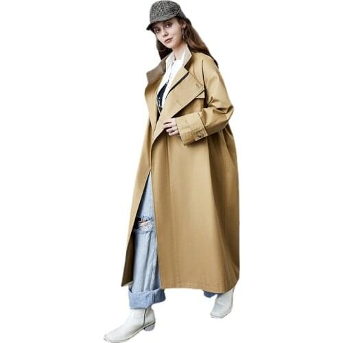 Womens Trench Coat Spring and Autumn New Long Profile Loose Cargo Design Sense British Style Coat