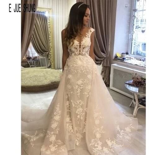E JUE SHUNG Sexy Organza Mermaid Wedding Dresses With Detachable Train Scoop Neck Button Back Lace Appliques Boho Bridal Gowns