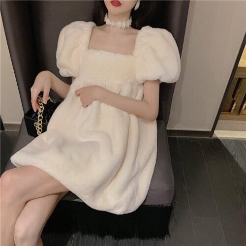 Winter and spring plush puff sleeve backless dress loose 2021 new girl warm fur short sleeve fashion dresses