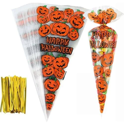 100Pcs Halloween Party Candy Cone Bag Pumpkin Spider Web Transprant Cookie Plastic Triangle Bag For Halloween Gift Packing Decor
