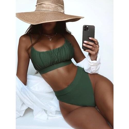 2021 New Sexy Pleated High Waist Bikini Set Solid Swimwear Women Swimsuit Female Two Pieces Bikini Bather Bathing Suit Beachwear