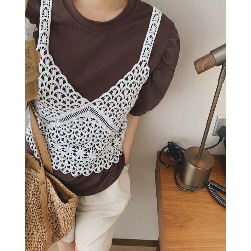 2021 Women T-shirt With Lace Camis Tank Top Y2k Za Woman Crop Top Harajuku Short Puff Sleeve Female Clothing Blouses Shirts Tee