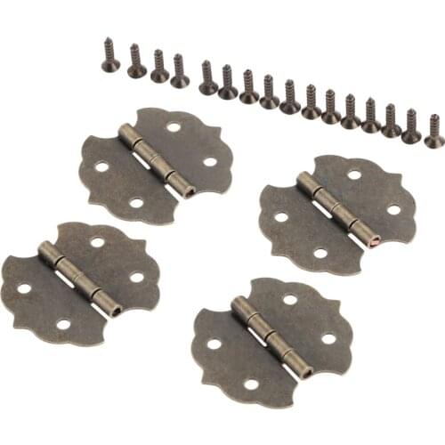 4Pcs Antique Bronze Flower Furniture Hinges Cabinet Door Butt Hinges 4 Holes Jewelry Boxes Decorative Hinge with Screw 29*31mm