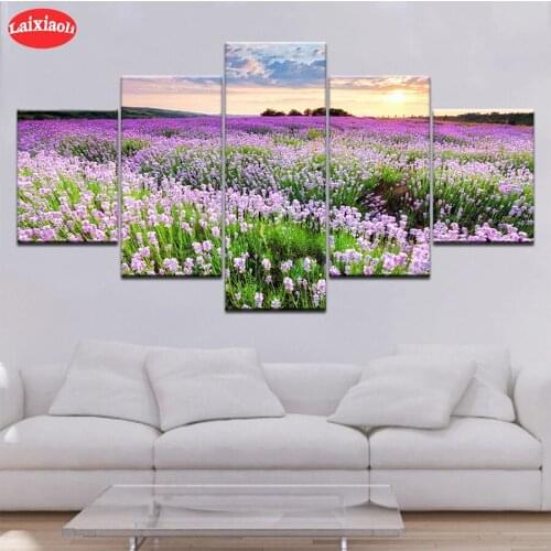 Diamond Painting Natural scenery, sunset lavender flowers 5d Cross Stitch Diamond Embroidery Mosaic Gift Home Decor 5 PCS