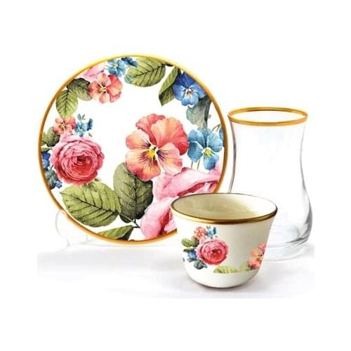 Drop Efe Tea & Arabian Coffee Cup Set 18 Pieces Flowers