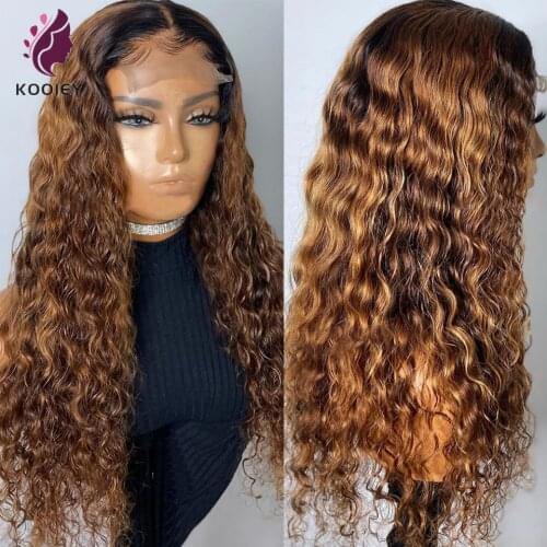 Water Wave Ombre Brown Color Curly Wig Remy Lace Front Human Hair Wigs 13x6x1 Deep Wave Brown 1B/30 T Part Front Wig Black Women