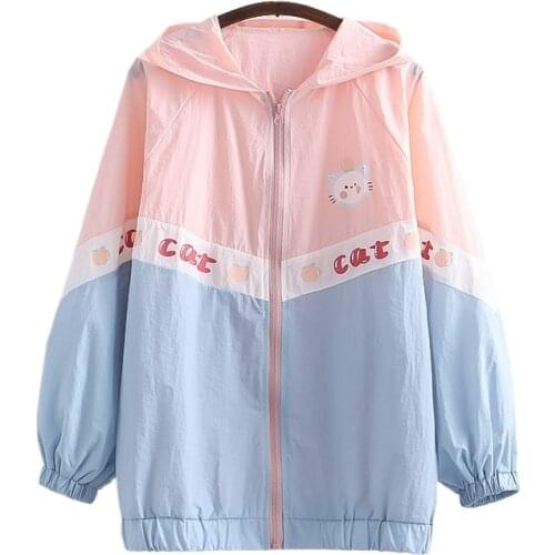 Harakuju Cartoon Cat PrintThin Hooded Jacket Women 2021 Summer Korean Fashion Ladies Casual Zipper Kawaii Outerwear Coat