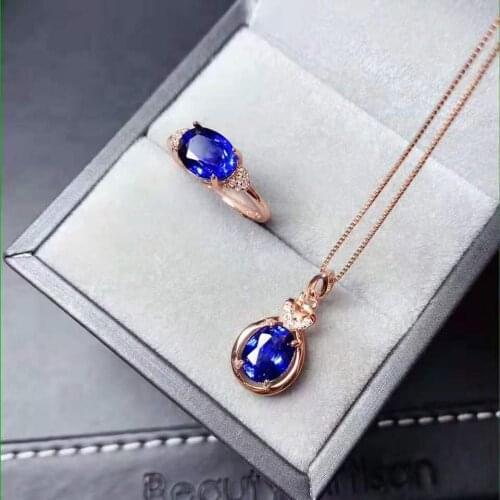 925 Silver Jewelry set Natural Sapphire Pendant Ring sets Women Jewelry 7x9mm