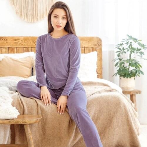 2021 New Velvet Long Sleeve O-Neck Lounge Wear Pure Color Set Suit Breathable Warm Sleepwear Elastic Soft Female Sleepwear