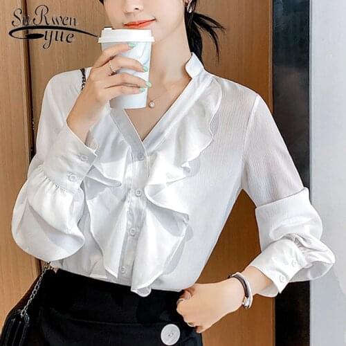 Autumn 2021 New Fashion Elegant Women Tops Casual Women Blouses Women Shirts Solid Women Clothing Long Sleeve V-neck 6142 50