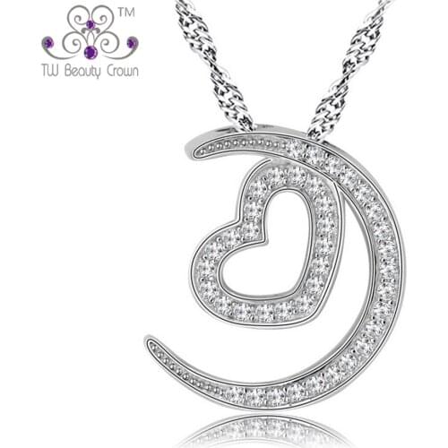 Authentic 925 Sterling Silver Jewelry Micro Pave Setting With White Cubic Zirconia Moon Love Heart Pendant Necklaces For Women