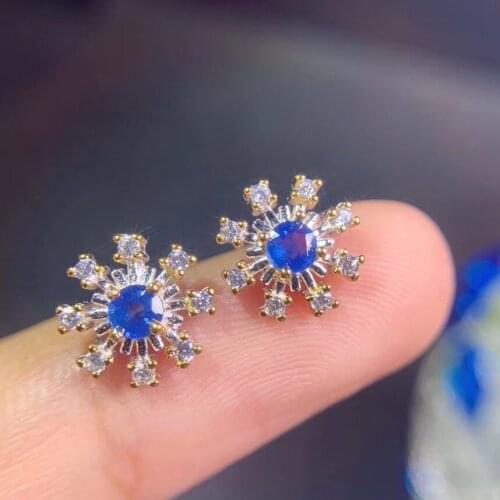 Natural Sapphire Simple Ellipse Ear Studs S925 Pure Silver Fine Fashion Charming Jewelry for Women Free Shipping